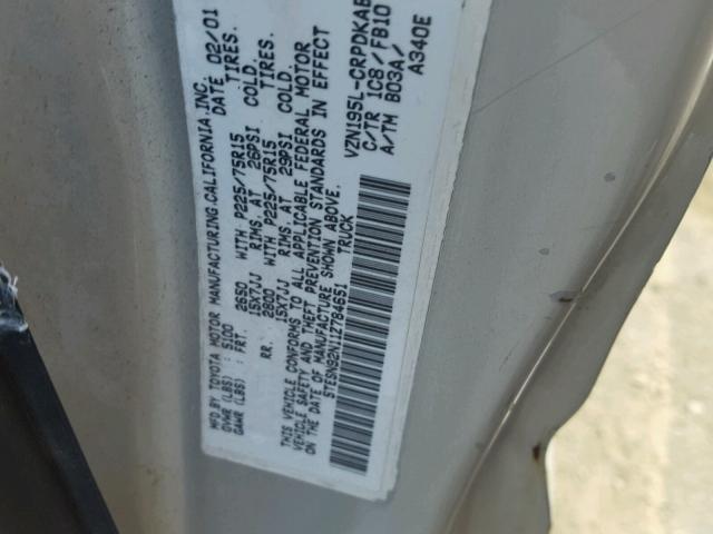 5TESN92N11Z784651 - 2001 TOYOTA TACOMA XTR 银色 照片 10