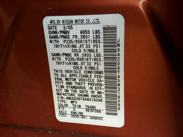 JN8AZ08T45W316096 - 2005 NISSAN MURANO SL ORANGE photo 10