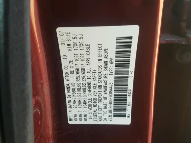 JHLRE48587C054478 - 2007 HONDA CR-V EX BURGUNDY photo 10