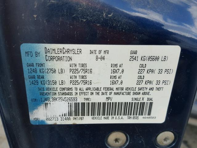 1J4GL38K25W526593 - 2005 JEEP LIBERTY RE BLUE photo 10