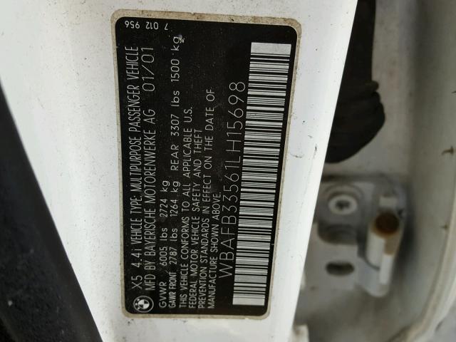 WBAFB33561LH15698 - 2001 BMW X5 4.4I WHITE photo 10