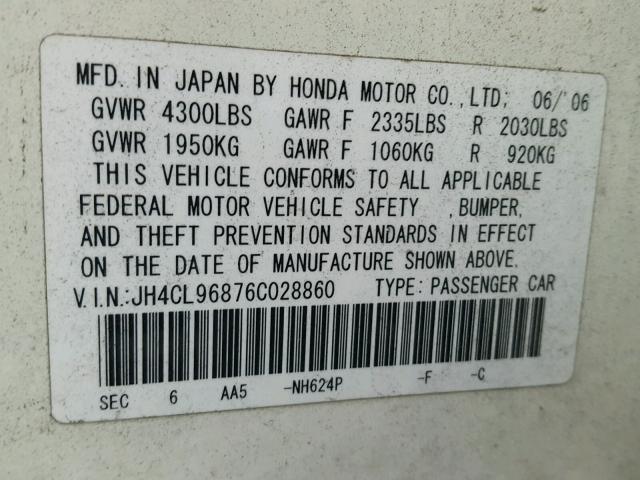 JH4CL96876C028860 - 2006 ACURA TSX WHITE photo 10