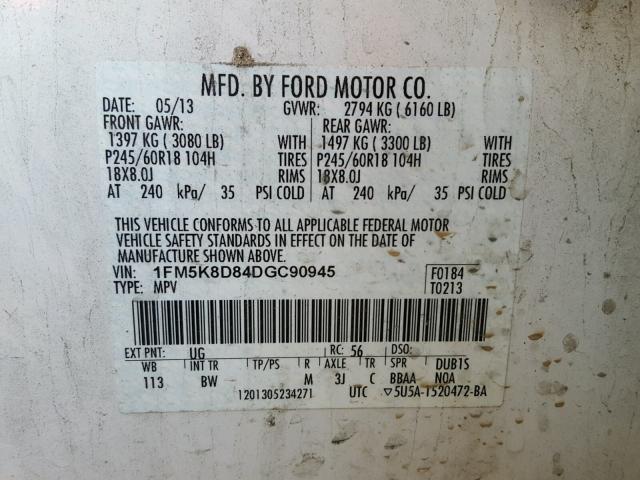 1FM5K8D84DGC90945 - 2013 FORD EXPLORER X WHITE photo 10