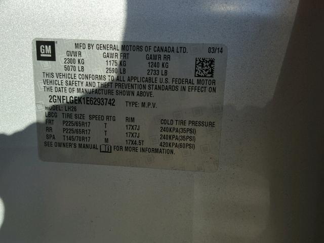 2GNFLGEK1E6293742 - 2014 CHEVROLET EQUINOX LT SILVER photo 10