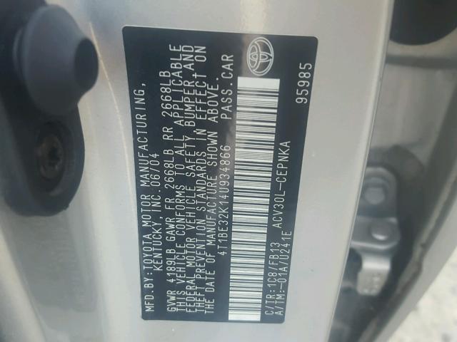 4T1BE32K14U934866 - 2004 TOYOTA CAMRY LE ვერცხლისფერი ფოტო 10