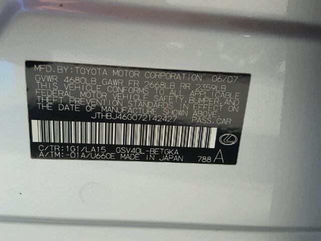 JTHBJ46G072142427 - 2007 LEXUS ES 350 SILVER photo 10