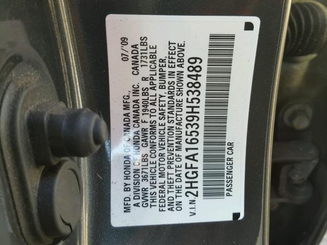 2HGFA16539H538489 - 2009 HONDA CIVIC LX SILVER photo 10