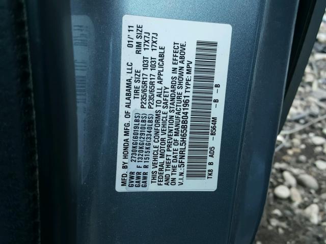5FNRL5H65BB041961 - 2011 HONDA ODYSSEY EX BLUE photo 10