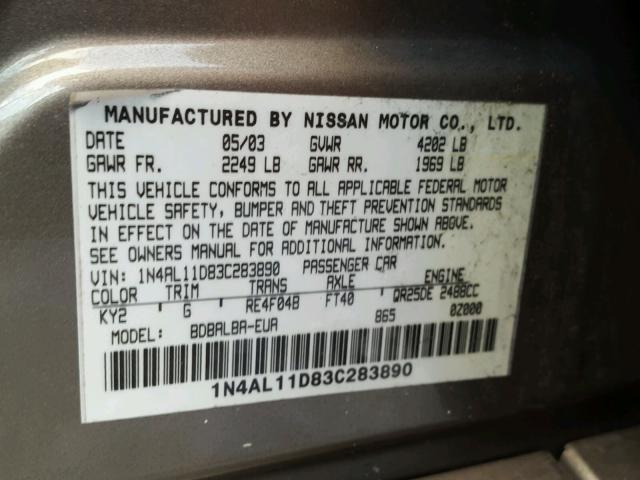 1N4AL11D83C283890 - 2003 NISSAN ALTIMA BAS GOLD photo 10