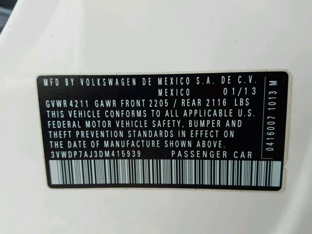 3VWDP7AJ3DM415939 - 2013 VOLKSWAGEN JETTA SE WHITE photo 10