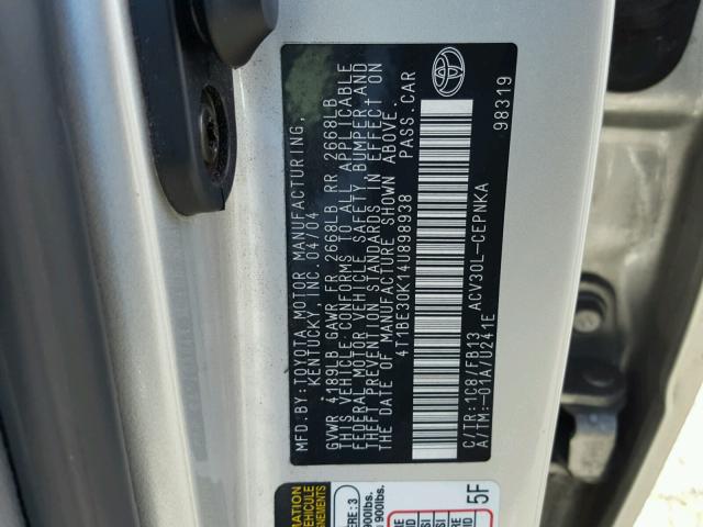 4T1BE30K14U898938 - 2004 TOYOTA CAMRY LE SILVER photo 10