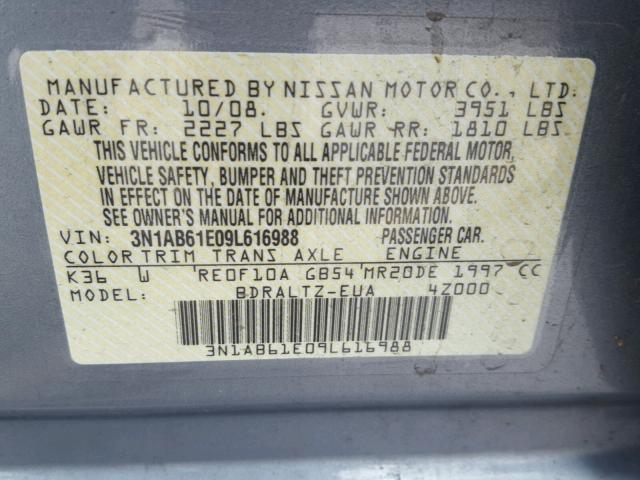 3N1AB61E09L616988 - 2009 NISSAN SENTRA 2.0 SILVER photo 10