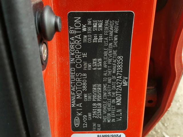 KNDJT2A27A7138358 - 2010 KIA SOUL + RED photo 10