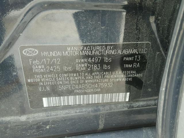 5NPEC4AB5CH475932 - 2012 HYUNDAI SONATA SE BLACK photo 10