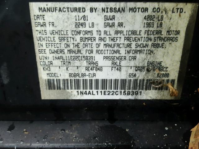 1N4AL11E22C158391 - 2002 NISSAN ALTIMA BAS BLACK photo 10