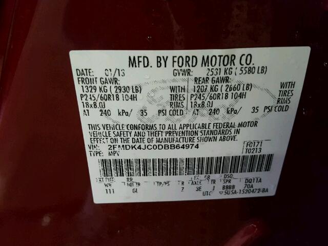 2FMDK4JC0DBB64974 - 2013 FORD EDGE SEL RED photo 10