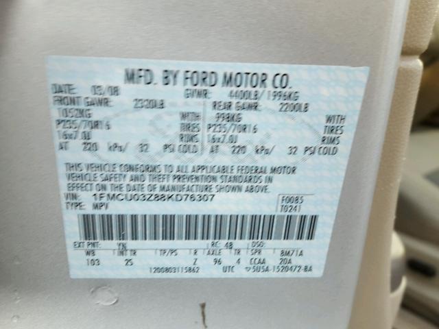 1FMCU03Z88KD76307 - 2008 FORD ESCAPE XLT SILVER photo 10