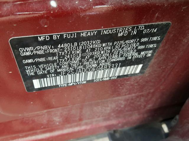 JF2SJADC0FG483331 - 2015 SUBARU FORESTER 2 BURGUNDY photo 10