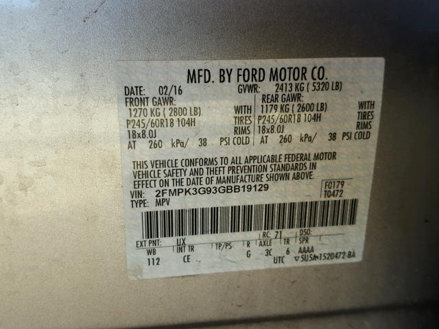 2FMPK3G93GBB19129 - 2016 FORD EDGE SE SILVER photo 10