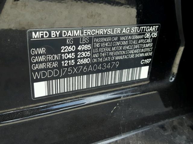 WDDDJ75X76A043479 - 2006 MERCEDES-BENZ CLS 500C BLACK photo 10