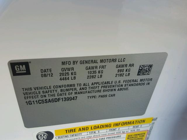 1G11C5SA6DF139947 - 2013 CHEVROLET MALIBU 1LT 白色 照片 10