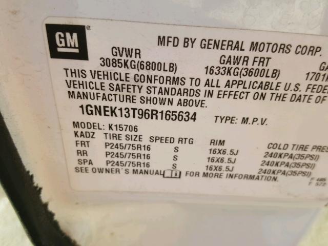 1GNEK13T96R165634 - 2006 CHEVROLET TAHOE K150 WHITE photo 10