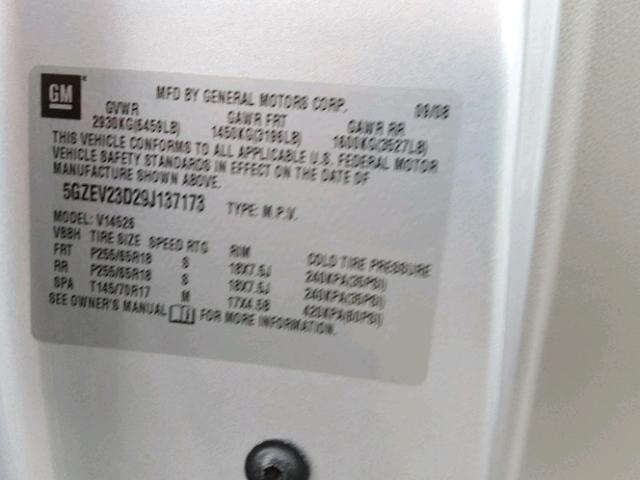 5GZEV23D29J137173 - 2009 SATURN OUTLOOK XR ვერცხლისფერი ფოტო 10