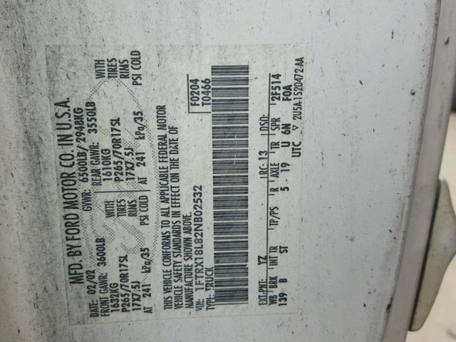 1FTRX18L82NB02532 - 2002 FORD F150 Blanc photo 10