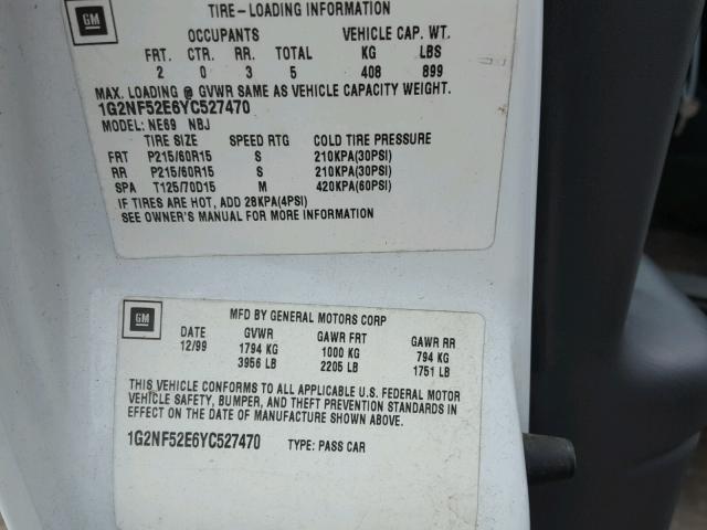 1G2NF52E6YC527470 - 2000 PONTIAC GRAND AM S WHITE photo 10