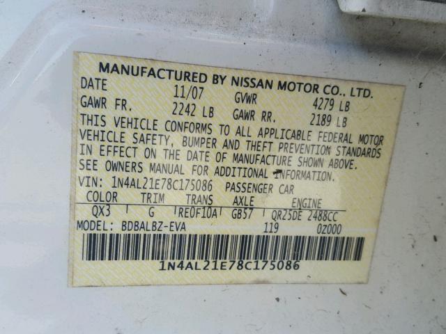 1N4AL21E78C175086 - 2008 NISSAN ALTIMA 2.5 WHITE photo 10