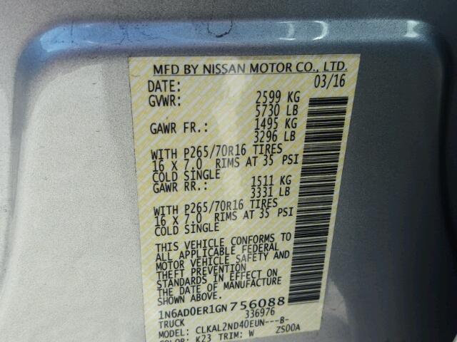 1N6AD0ER1GN756088 - 2016 NISSAN FRONTIER S SILVER photo 10