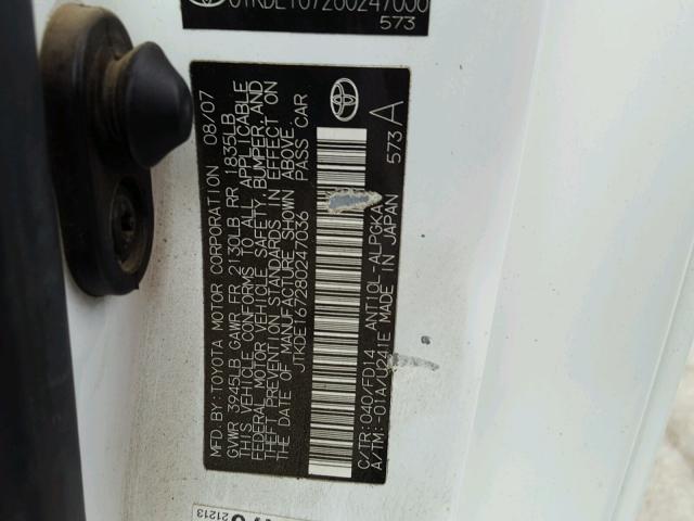 JTKDE167280247036 - 2008 TOYOTA SCION TC 白色 照片 10