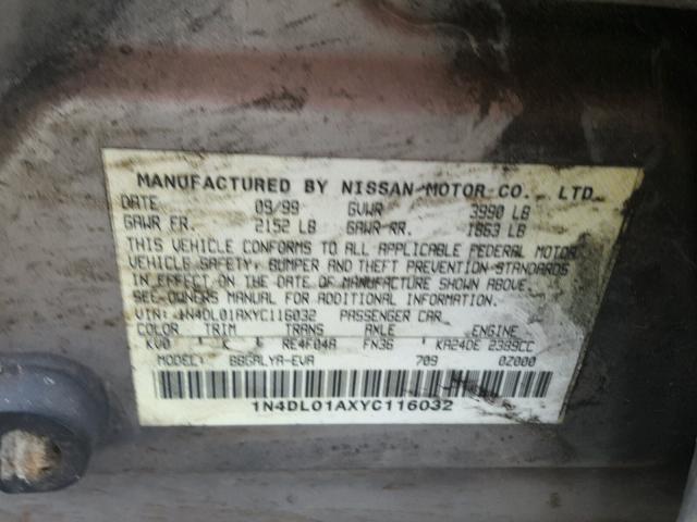 1N4DL01AXYC116032 - 2000 NISSAN ALTIMA XE SILVER photo 10