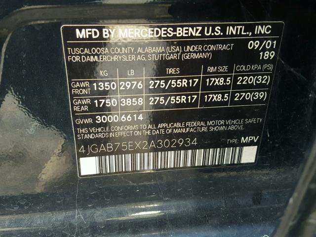4JGAB75EX2A302934 - 2002 MERCEDES-BENZ ML 500 BLUE photo 10