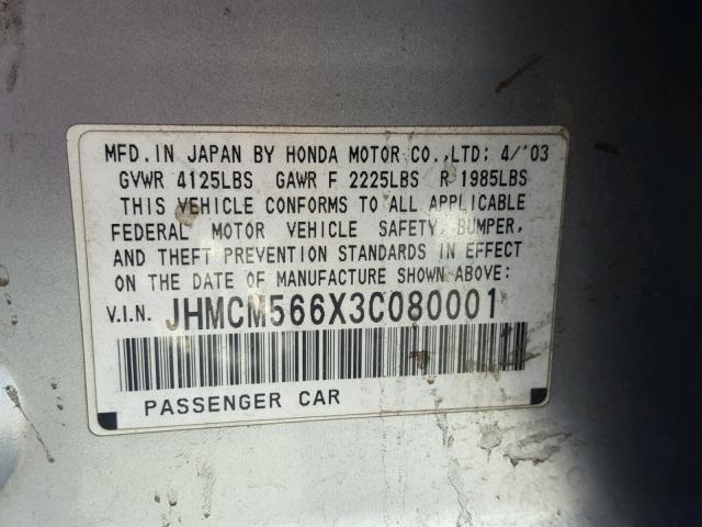 JHMCM566X3C080001 - 2003 HONDA ACCORD EX SILVER photo 10