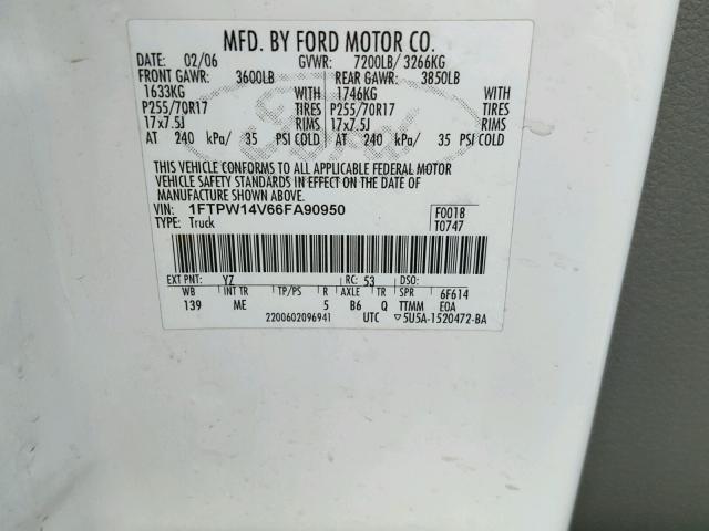 1FTPW14V66FA90950 - 2006 FORD F150 SUPER WHITE photo 10