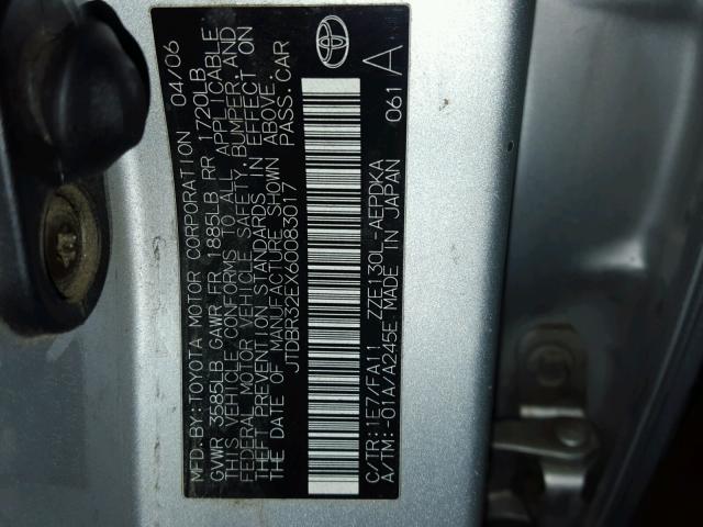 JTDBR32EX60083017 - 2006 TOYOTA COROLLA CE SILVER photo 10