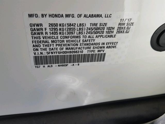 5FNYF6H00HB098310 - 2017 HONDA PILOT ELIT WHITE photo 10