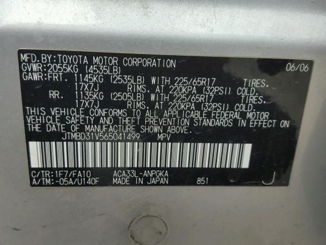 JTMBD31V565041499 - 2006 TOYOTA RAV4 LIMIT SILVER photo 10