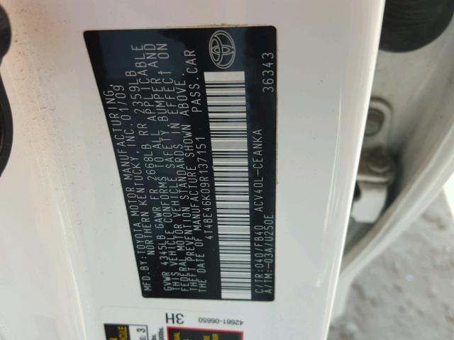 4T4BE46K09R137151 - 2009 TOYOTA CAMRY BASE WHITE photo 10