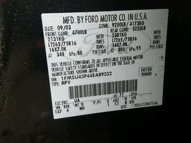 1FMSU43P44EA89332 - 2004 FORD EXCURSION BLACK photo 10