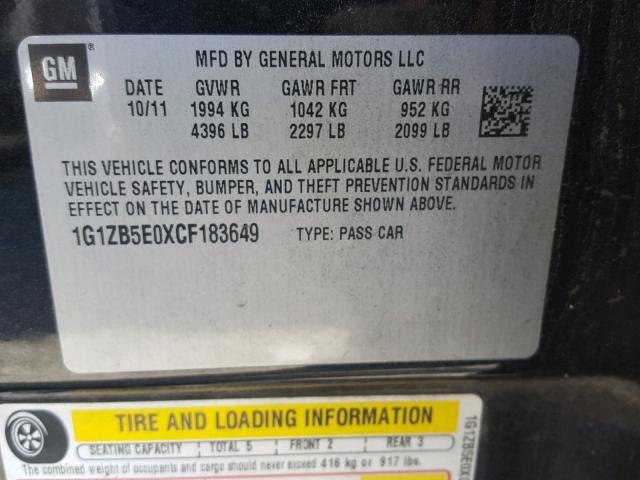 1G1ZB5E0XCF183649 - 2012 CHEVROLET MALIBU LS შავი ფოტო 10