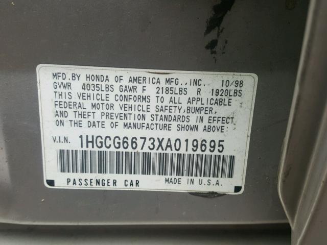 1HGCG6673XA019695 - 1999 HONDA ACCORD EX SILVER photo 10