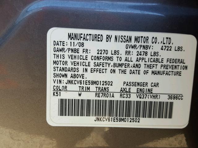JNKCV61E59M012502 - 2009 INFINITI G37 BASE SILVER photo 10