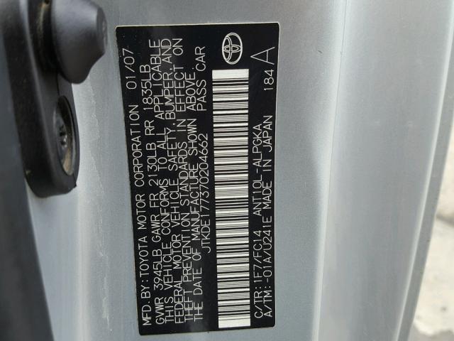 JTKDE177370204662 - 2007 TOYOTA SCION TC 银色 照片 10