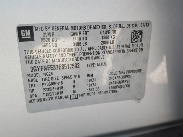 3GYFNEE37ES517592 - 2014 CADILLAC SRX LUXURY SILVER photo 10