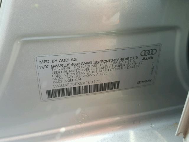 WAUAF78EX8A109175 - 2008 AUDI A4 2.0T SILVER photo 10