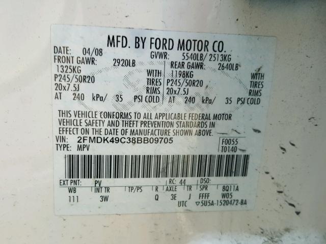 2FMDK49C38BB09705 - 2008 FORD EDGE LIMIT WHITE photo 10