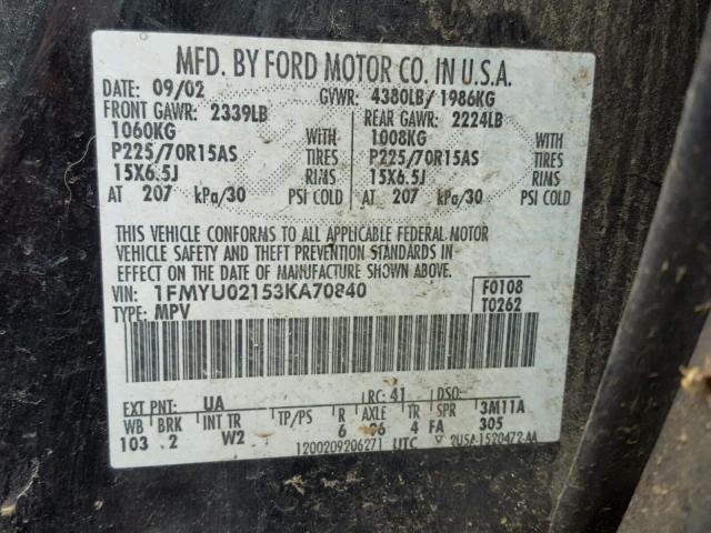 1FMYU02153KA70840 - 2003 FORD ESCAPE XLS BLACK photo 10