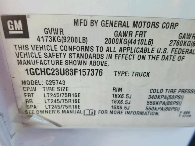 1GCHC23U83F157376 - 2003 CHEVROLET SILVERADO WHITE photo 10